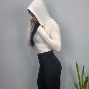 تیشرت زنانه آستین بلند کراپ کلاهدار فینگری نایک تکی